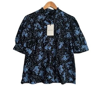 Who What Wear Pebble Print Puff Sleeve Ruffle Trim Button Down Blouse